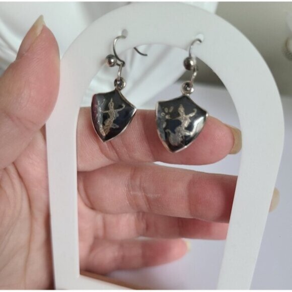 Vintage Boho Native Nielloware Sterling Silver Tribal Drop Dangle Earrings - Picture 5 of 11